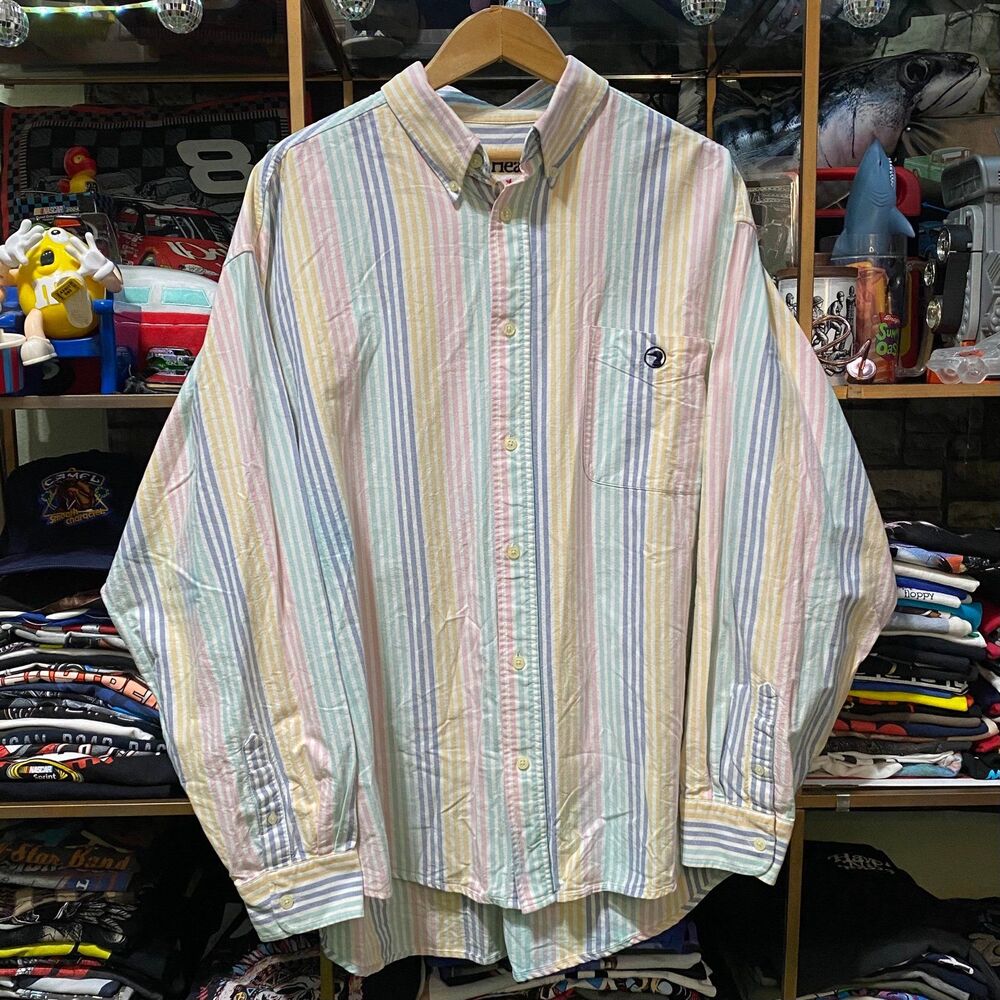 Vintage Duck Head Pastel Striped Oxford Button Up Shirt XL 90s Casual Preppy